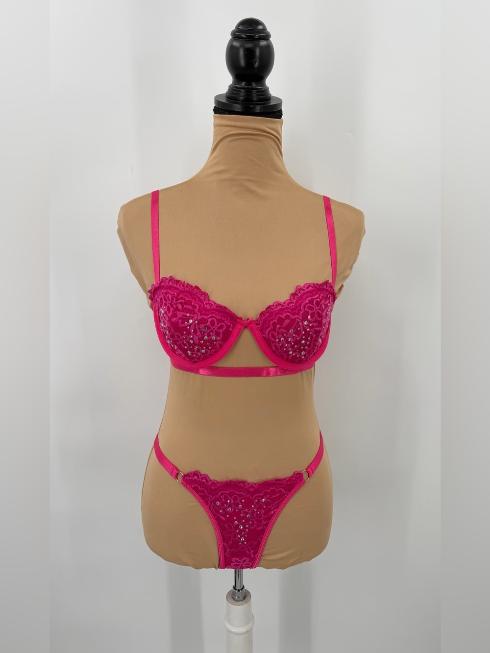 Hot Pink Rhinestone Lace strappy Underwire Lingerie Set S Y2K Mcbling girly